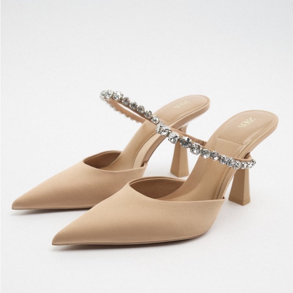 Zara Rhinestone Beige Pointed Heeled Mules